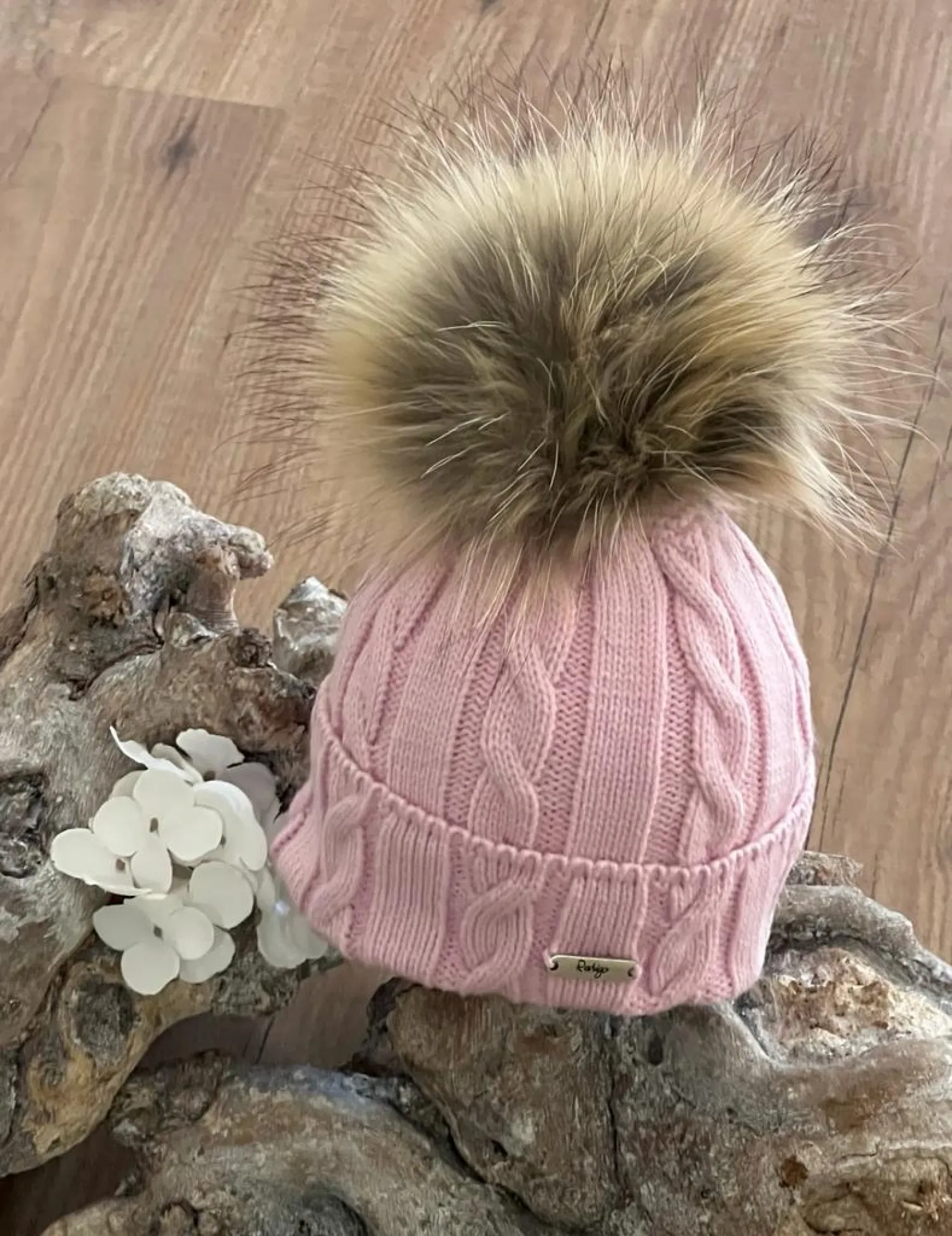 Cable knit and ribbed hat with pompom