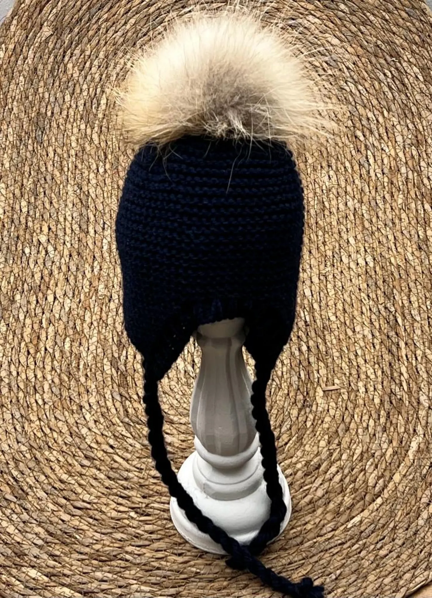 Chubby Knit Aviator Hat with Fur Pom Pom