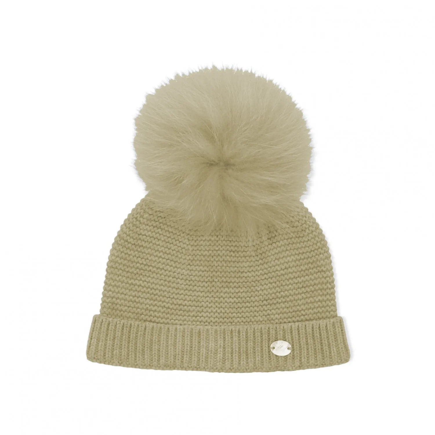 Chubby knit hat in various colors. It wears a natural fur pompom.