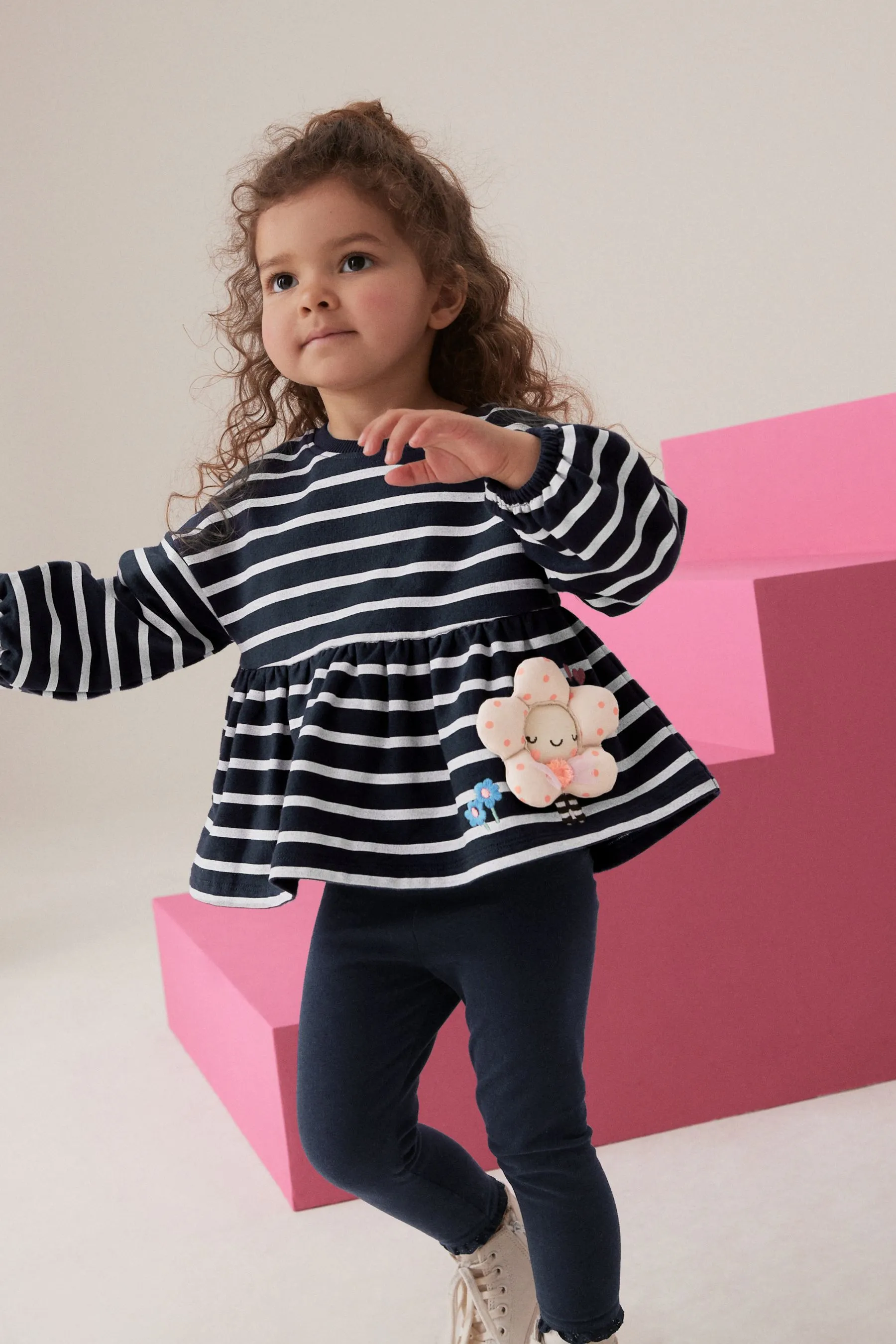 De rayas azul marino - Conjunto de top con sobrefalda y leggings (3 meses-7 años)