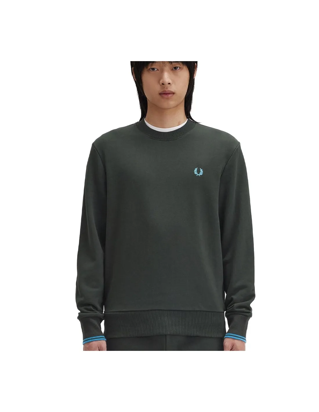 FRED PERRY CREW NECK SWEATSHIRT NIGHT GREEN/RUNAWAY BAY OCEAN