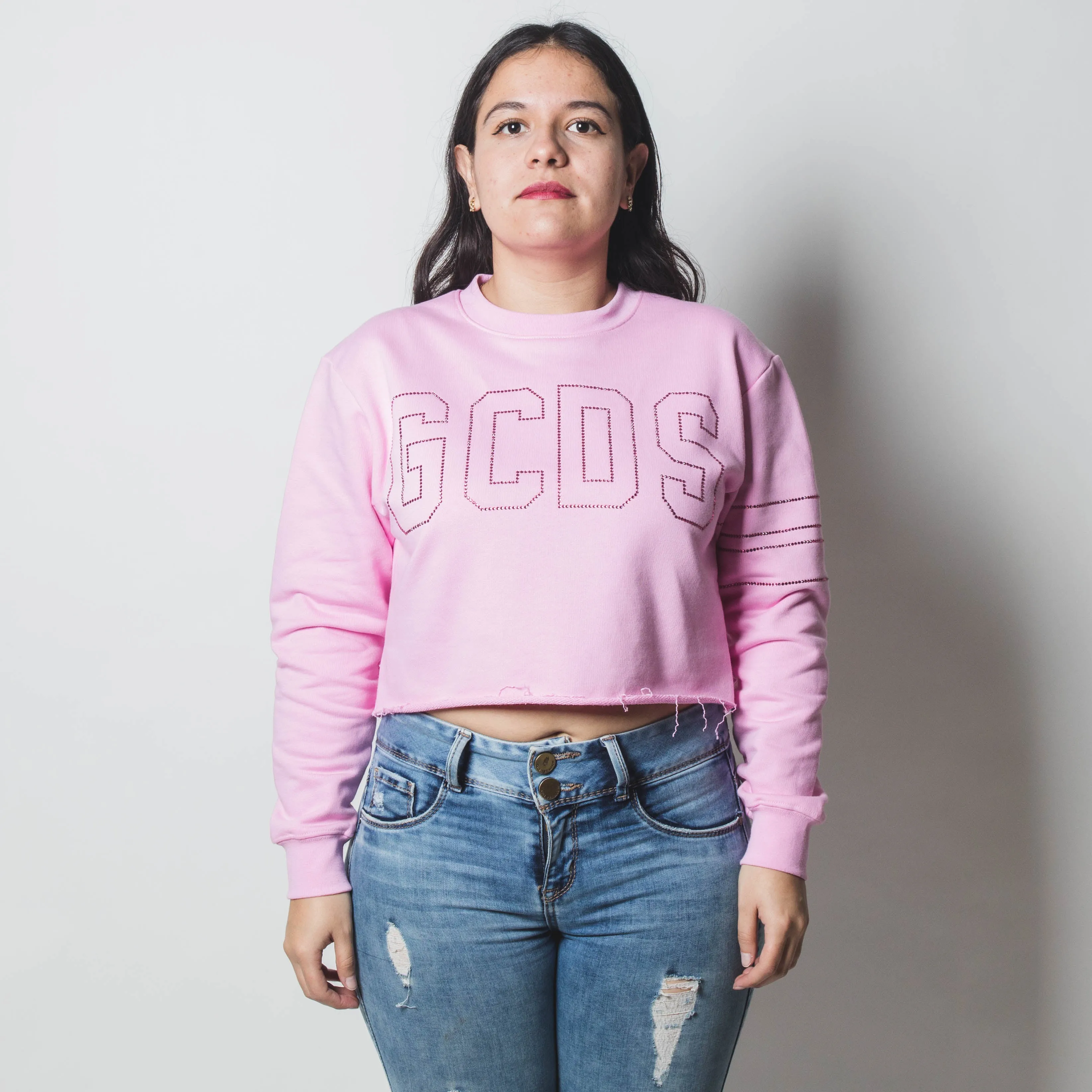 GCDS BLING JERSEY CROP SWEATSHIRT PINK