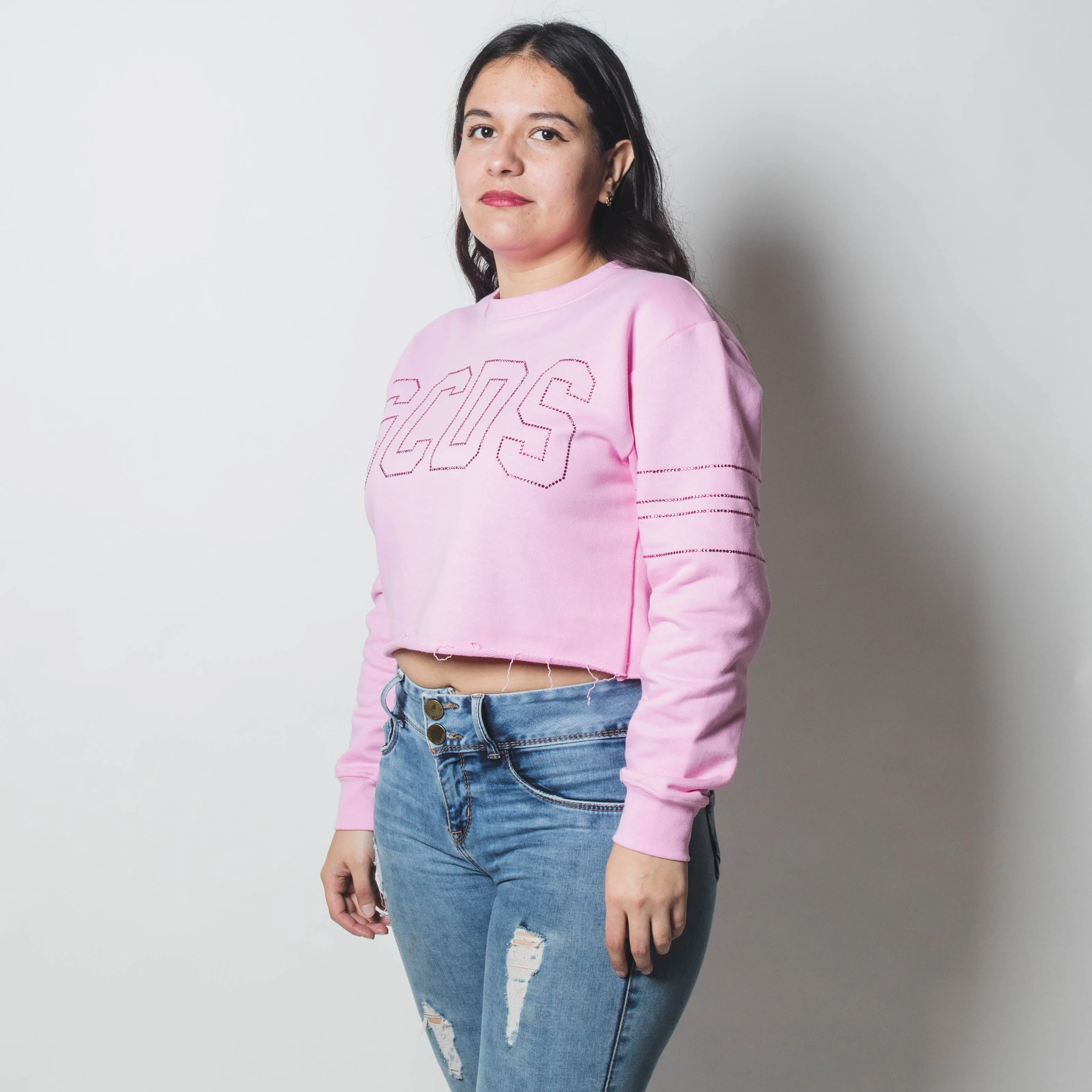 GCDS BLING JERSEY CROP SWEATSHIRT PINK