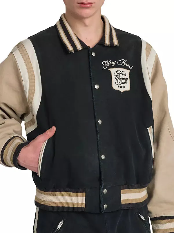 Rhude Washed Canvas Varsity Jacket Black/Khaki/Elephant