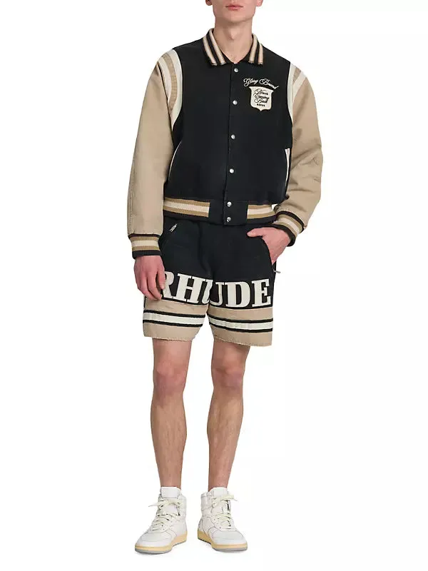 Rhude Washed Canvas Varsity Jacket Black/Khaki/Elephant