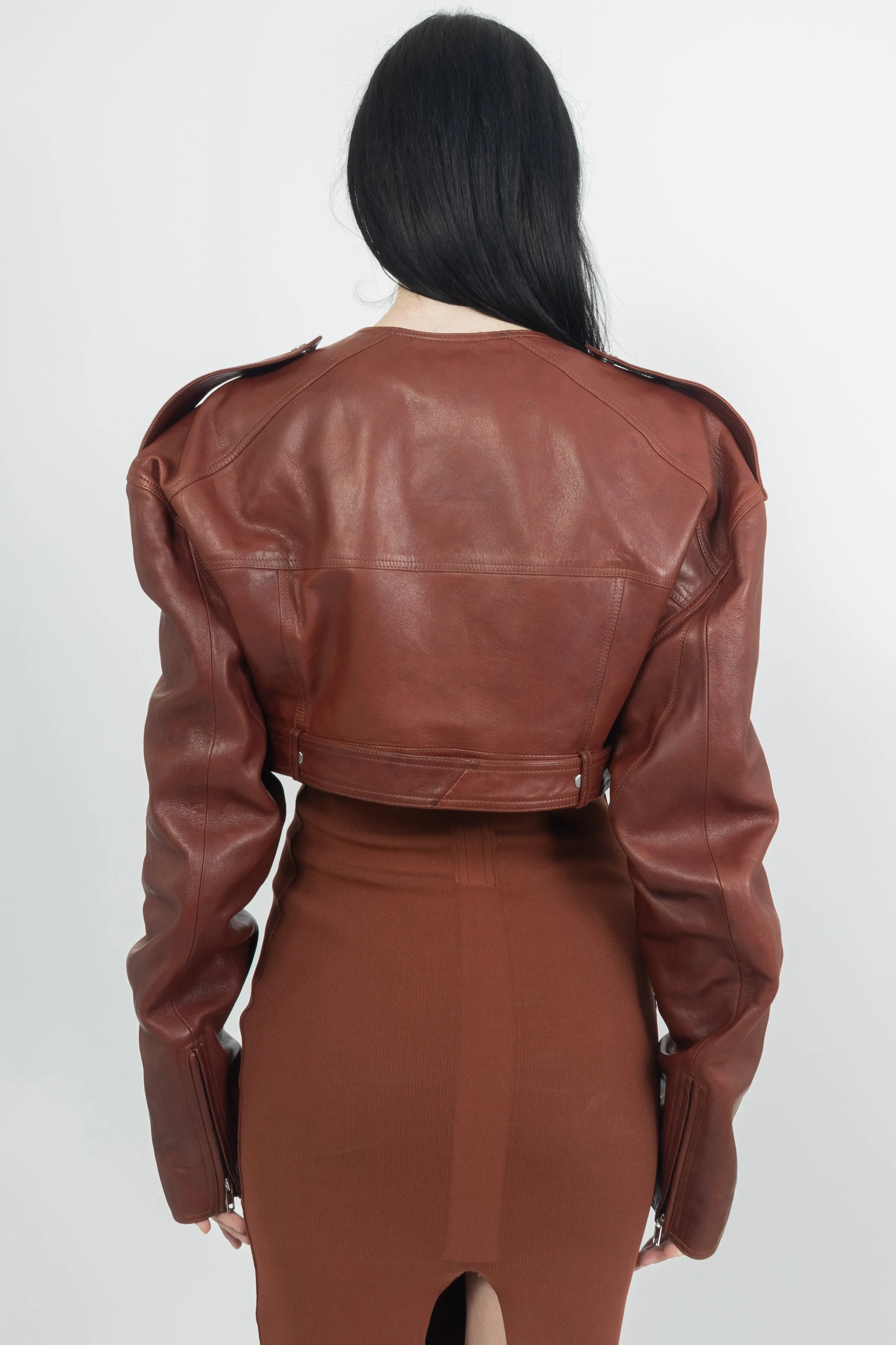 Rick Owens Womens Leather Jacket Micro Biker Henna