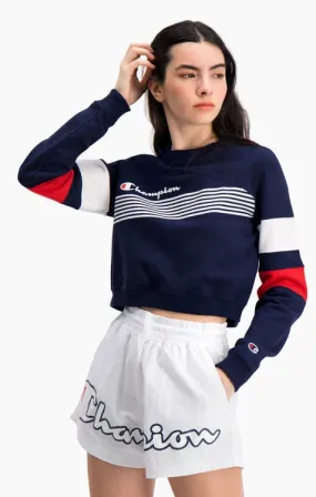 Sudadera CHAMPION chica cuello redondo GRAPHIC STRIPE AND COLOUR BLOCK CROPPED SWEATSHIRT Ref. 112761 Azul blanca y roja