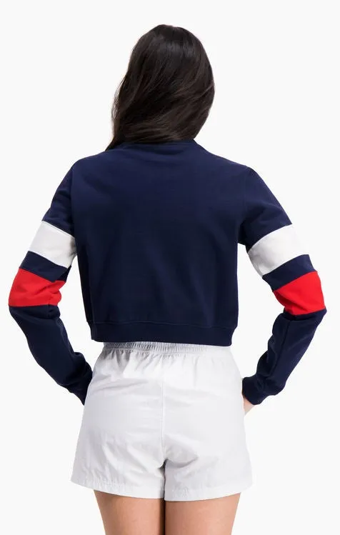 Sudadera CHAMPION chica cuello redondo GRAPHIC STRIPE AND COLOUR BLOCK CROPPED SWEATSHIRT Ref. 112761 Azul blanca y roja