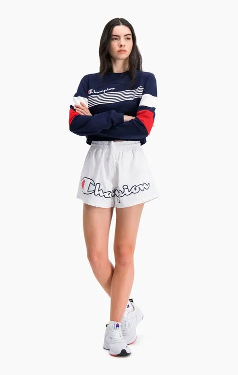 Sudadera CHAMPION chica cuello redondo GRAPHIC STRIPE AND COLOUR BLOCK CROPPED SWEATSHIRT Ref. 112761 Azul blanca y roja