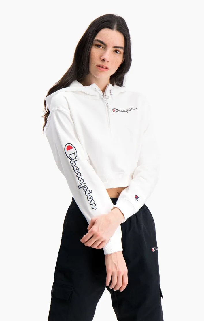 Sudadera corta CHAMPION chica con capucha HALF ZIP-UP SCRIPT LOGO ARM HOODIE Ref. 112641 Blanca, azules y roja