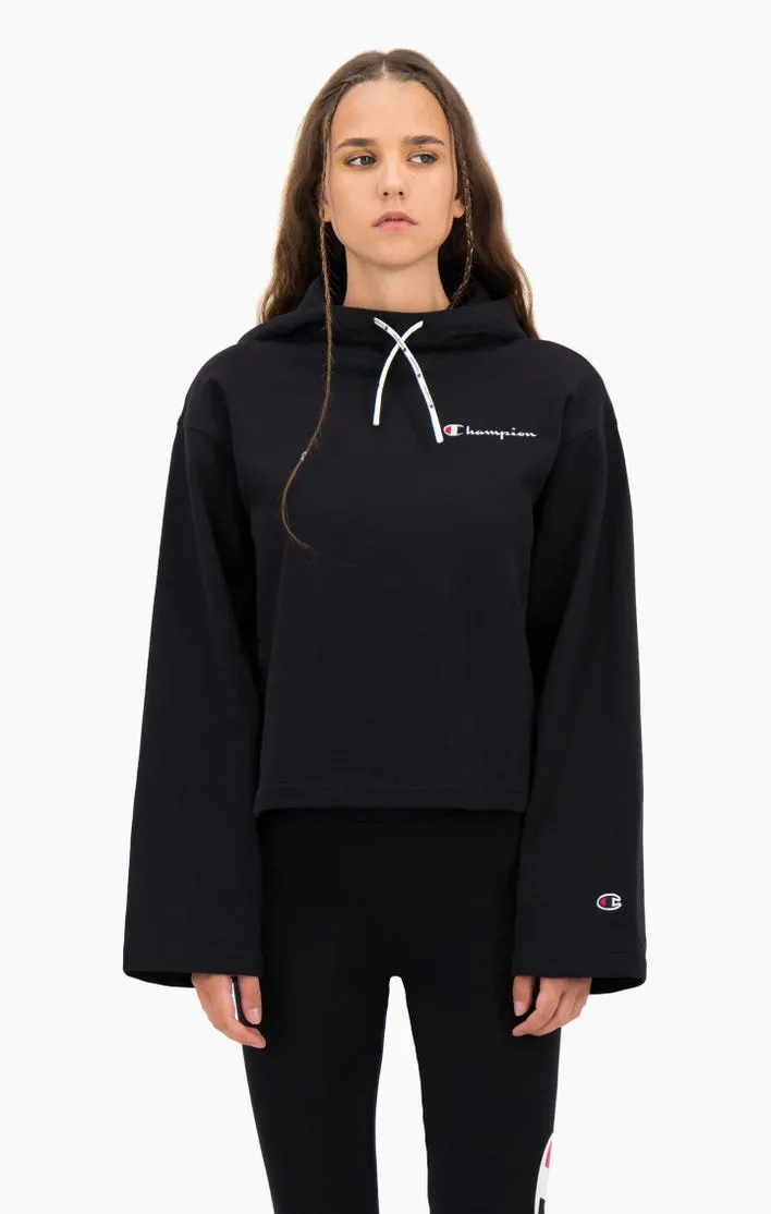 Sudadera corta CHAMPION chica SATIN STITCH SCRIPT LOGO CROPPED FLEECE HOODIE Ref. 113186 negra