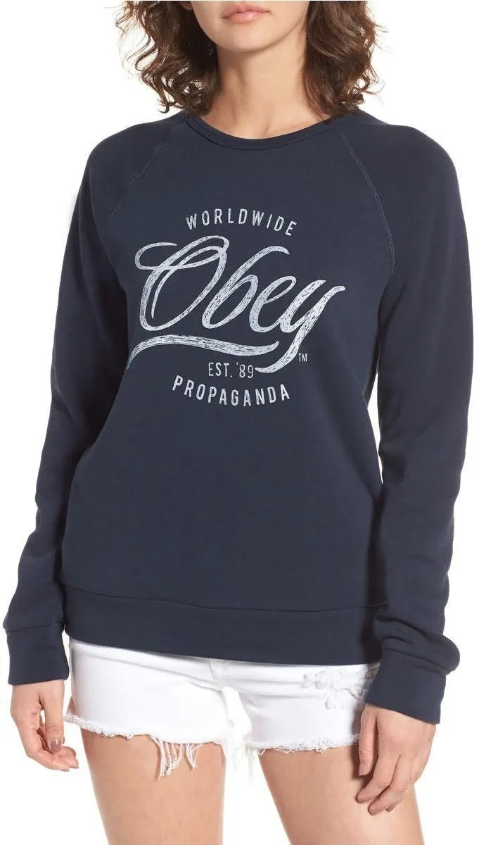 Sudadera OBEY cuello redondo mujer note script navy  Ref. 212491033 azul marina letras pecho grises