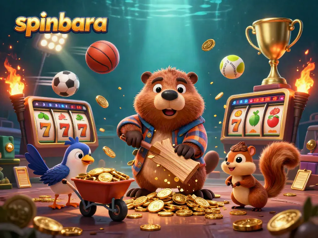 Experience spinbara in an engaging scene with a beaver collecting gold coins and slots