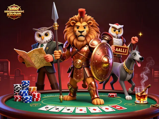 Sissy's Southern Kitchen poker scene with a Spartan lion, tactical owl, and greyhound surrounded by gaming elements.
