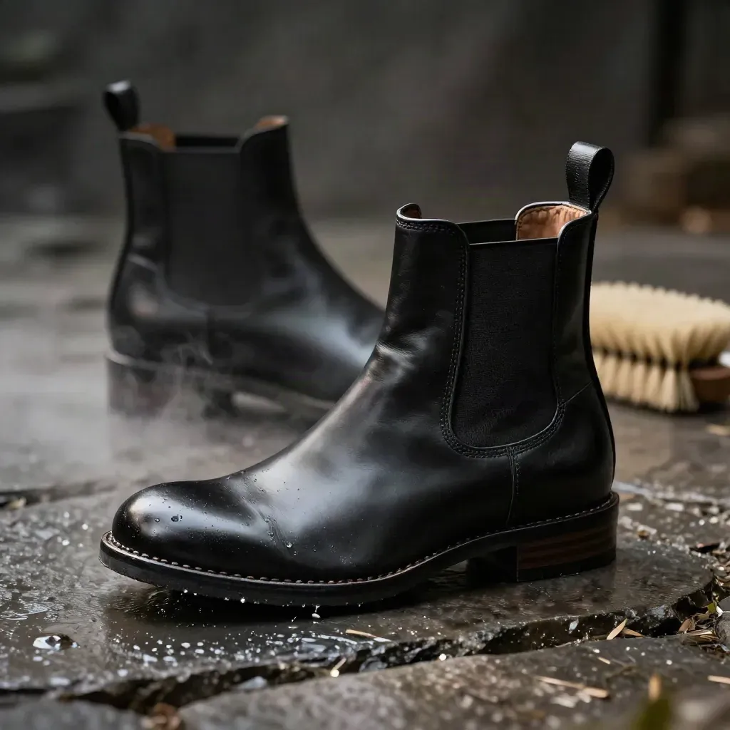 Bota Chelsea negra sobre losas mojadas con otra bota y cepillo desenfocados, luz dramática baja.