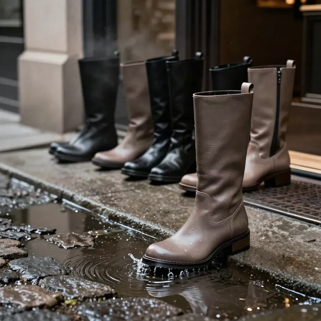 Botas urbanas negras y taupe sobre suelo mojado, con charcos y luz dramática al anochecer.