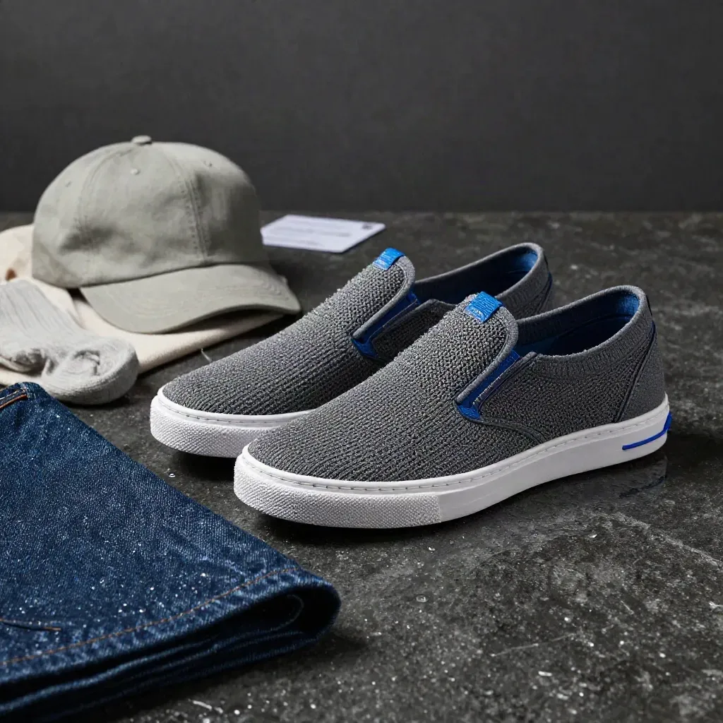 Zapatillas urbanas sobre piedra oscura con vaqueros, gorra y tote tras una llovizna.