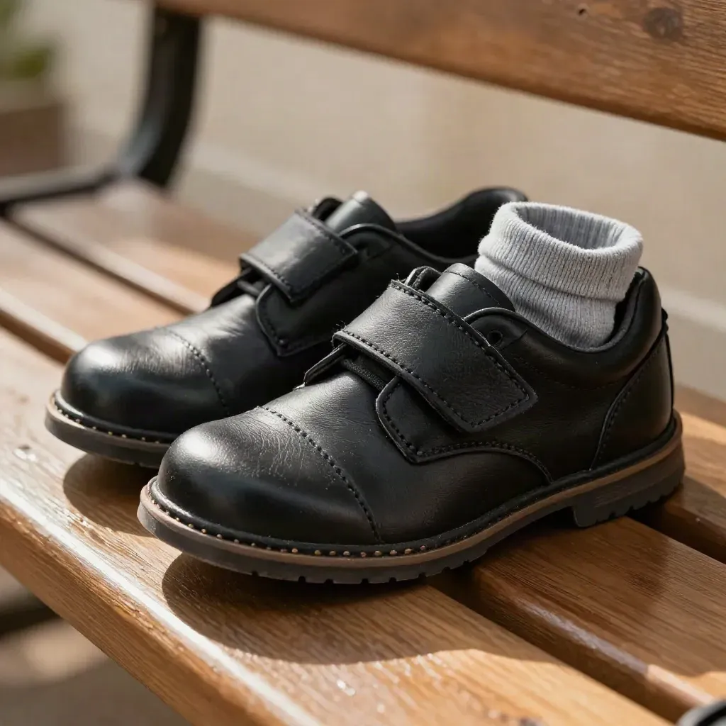 Zapatos escolares negros de piel mate con velcro y calcetines grises sobre banco lacado.