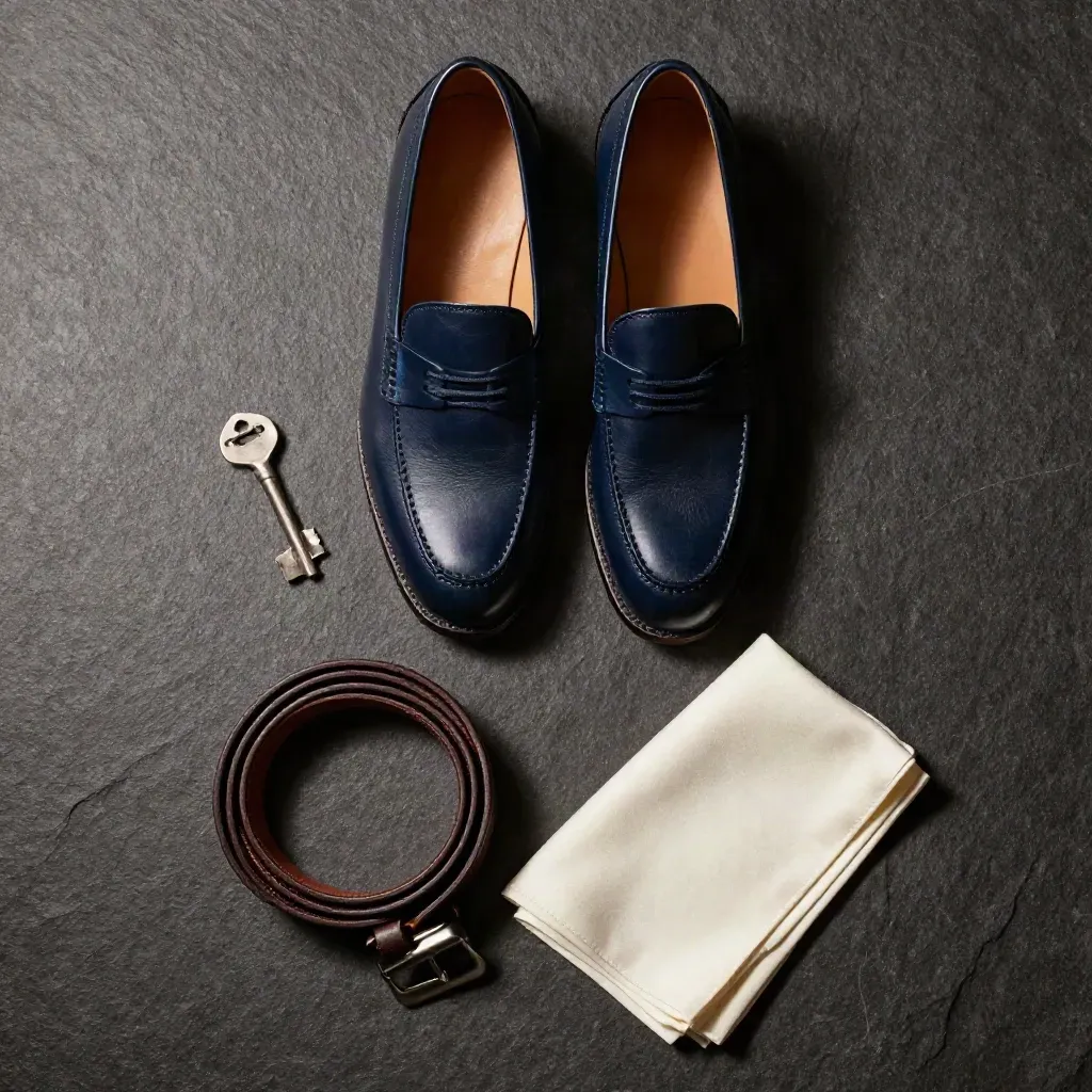 Mocasines azul marino con cinturón de piel y pañuelo sobre piedra gris, vista cenital.