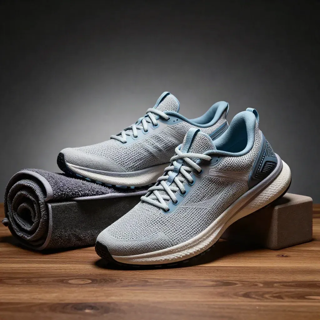 Par de running shoes grises y azules en suspensión, con toalla enrollada y bloque de espuma.