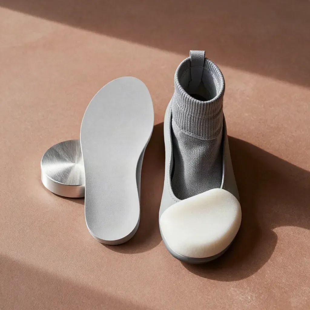 Zapato ortopédico abierto con plantilla, calcetín enrollado y espuma sobre concreto claro.