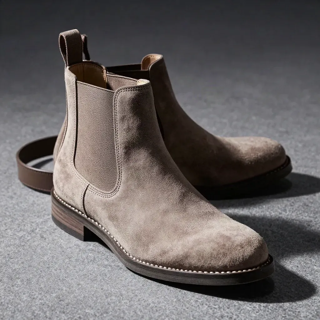 Botín Chelsea de ante taupe con piedra pulida y cinturón de cuero oscuro sobre fieltro gris.