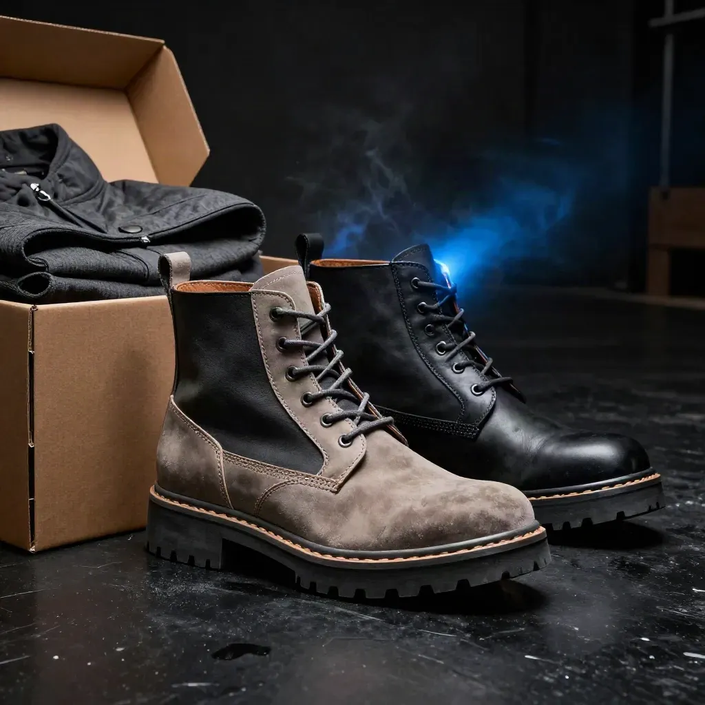 Botas urbanas negras y taupe apiladas con caja abierta y cazadora sobre fondo oscuro.