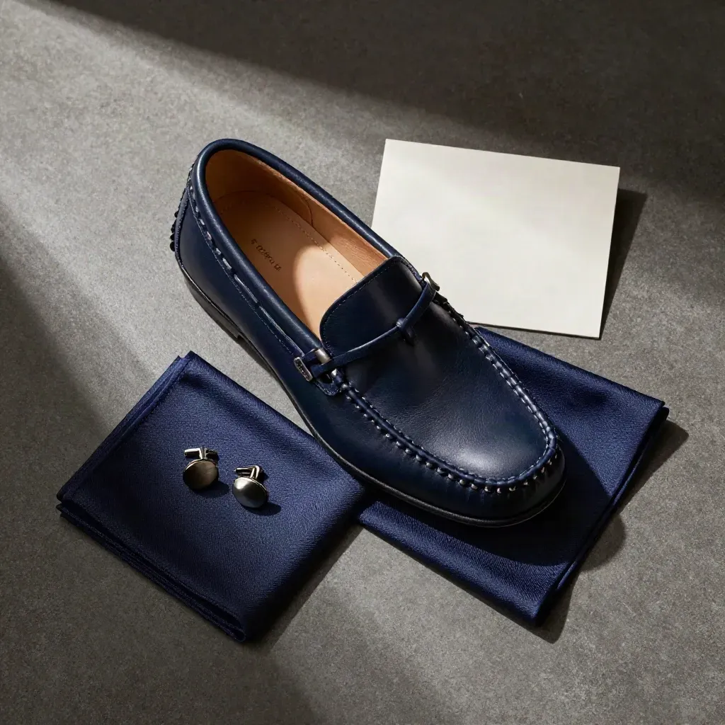 Mocasín azul marino de hombre con cinturón, pañuelo y gemelos sobre hormigón oscuro.