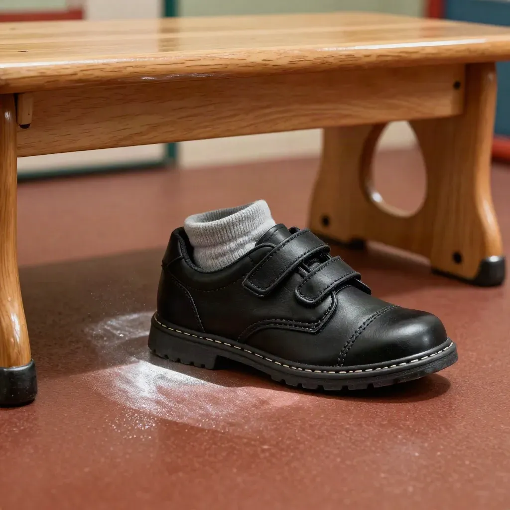 Zapato escolar infantil negro con velcro, calcetín gris y banco de madera en aula oscura.