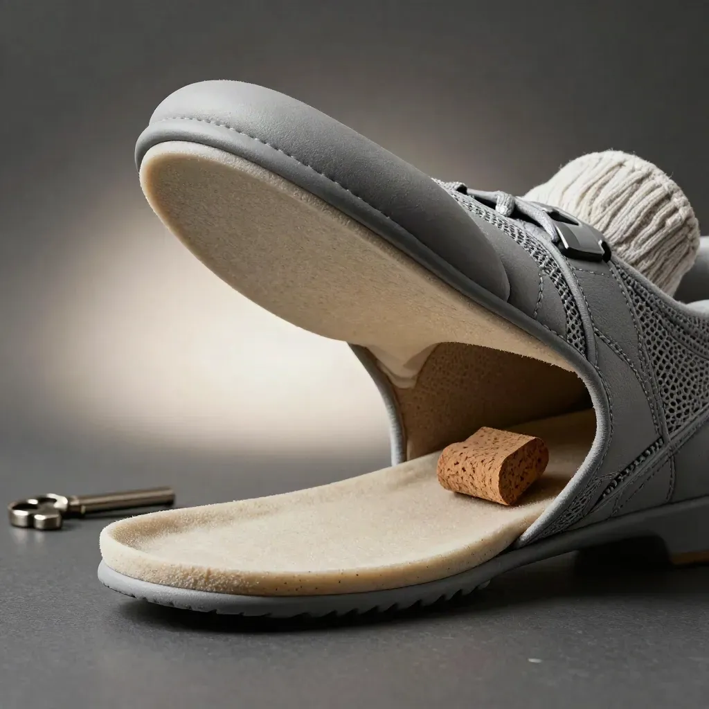 Zapato ortopédico gris abierto con plantilla extraíble, espuma de apoyo, calcetín enrollado y corcho.