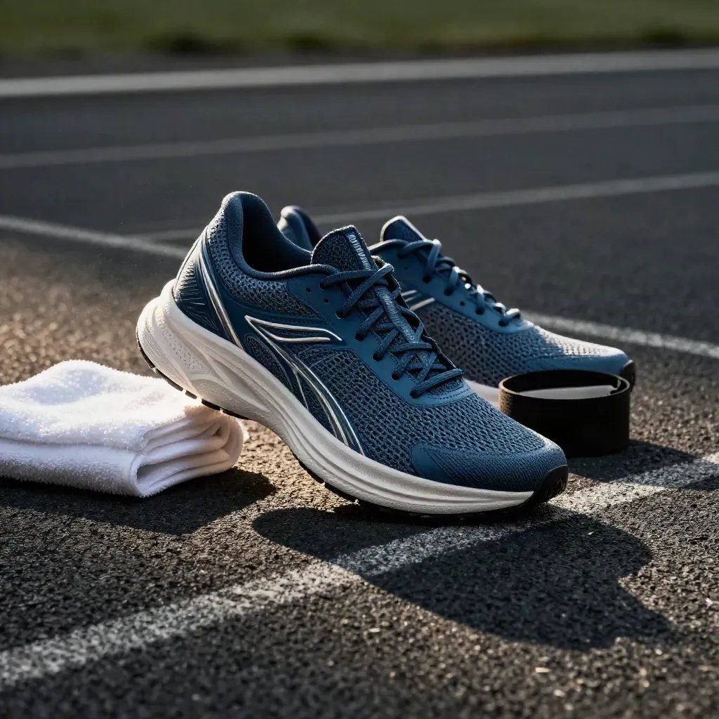 Zapatilla runner azul en pista oscura con banda elástica y toalla doblada.