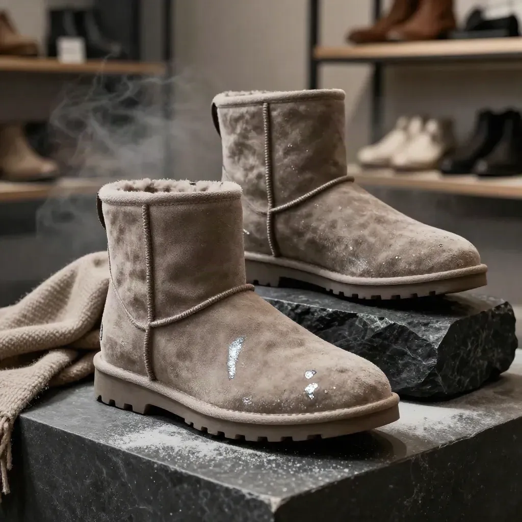 Botines taupe de serraje con bufanda de lana y bloque de piedra, estilo estudio premium.