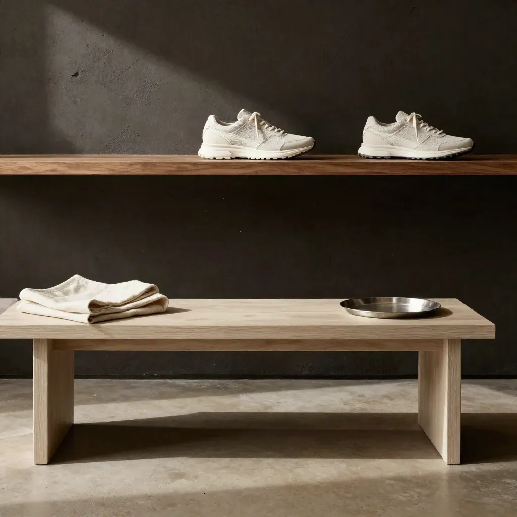 Interior minimal de boutique con zapatillas desenfocadas en repisa alta y luz suave matinal.