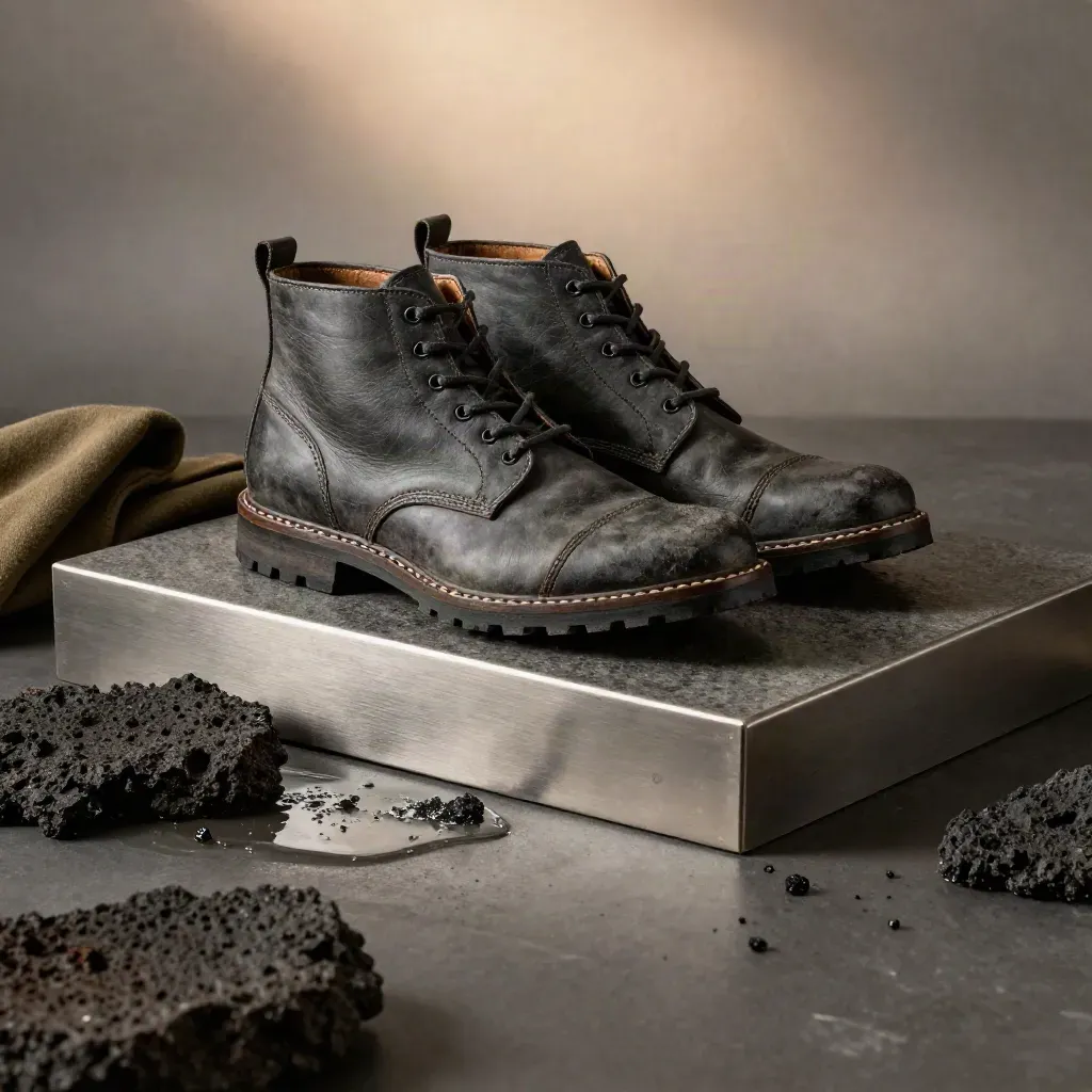Botas de hombre oscuras sobre piedra volcánica húmeda con luz cálida y espacio vacío abajo.