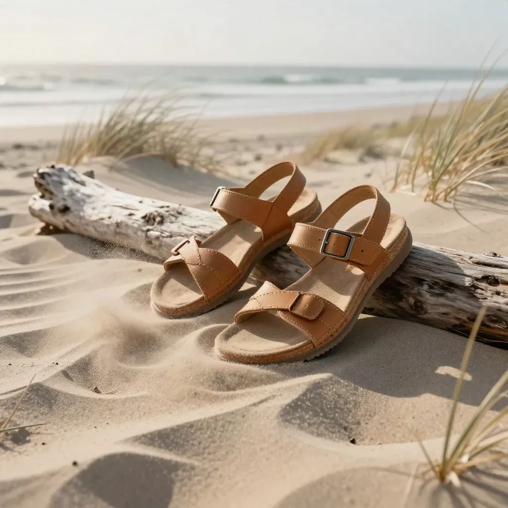 Dunas costeras al atardecer con sandalias de verano sobre madera y hierba seca.
